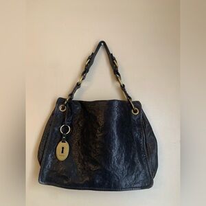 Fossil Vintage Women's Shoulder Bag Leather Black Medium Flap Key Y2k